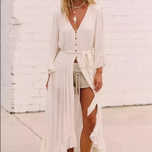 Free People Dresses & Skirts - Free People Selina Maxi V Neck Buttondown Ruffle Ivory Dress XS
